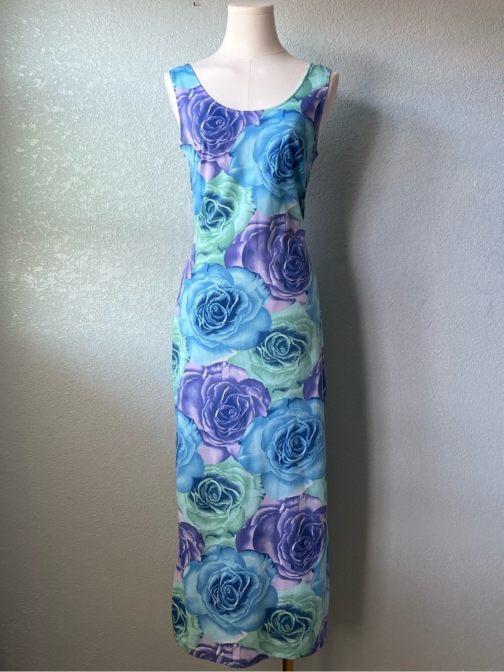 Vintage 90s Gemini USA Blue Purple Rose Floral Maxi Dress Women’s Size M